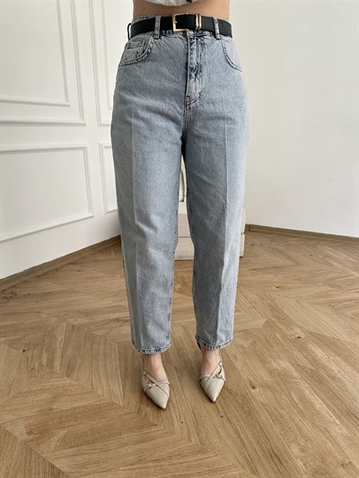 Mom Fit Kemerli Jean Açık mavi