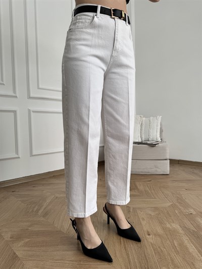 Mom Fit Kemerli Jean Beyaz