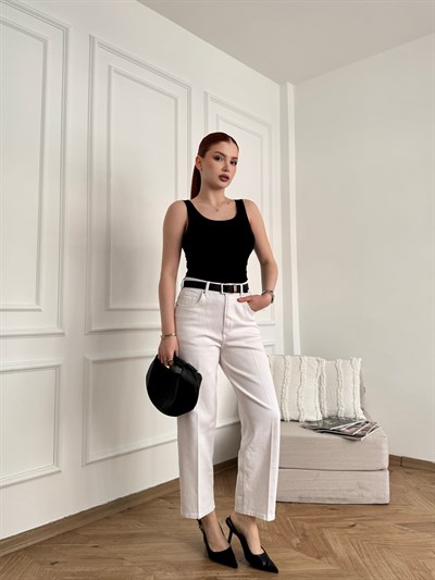 Mom Fit Kemerli Jean Beyaz
