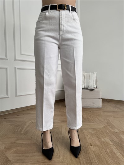 Mom Fit Kemerli Jean Beyaz