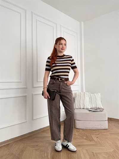 Mom Fit Kemerli Jean Kahve