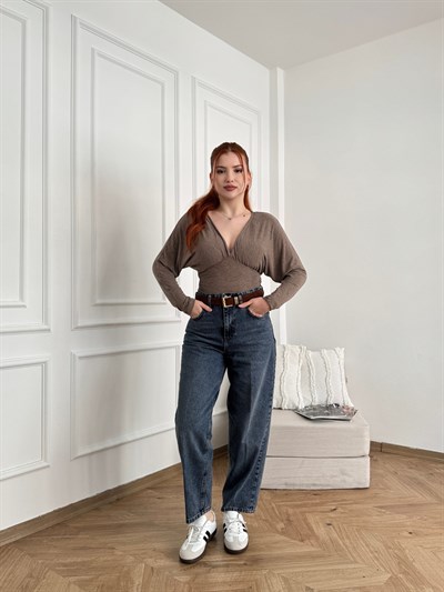 Mom Fit Kemerli Jean Koyu mavi
