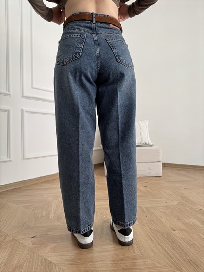 Mom Fit Kemerli Jean Koyu mavi