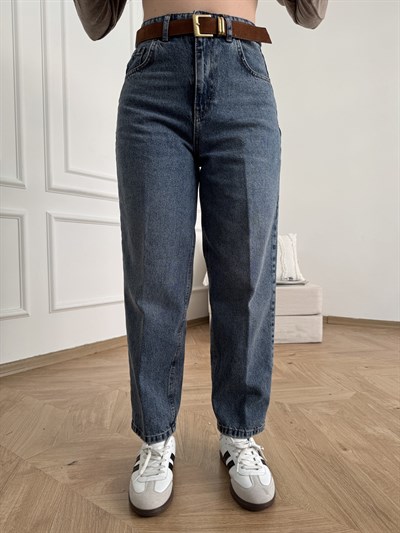 Mom Fit Kemerli Jean Koyu mavi
