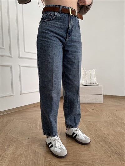 Mom Fit Kemerli Jean Koyu mavi