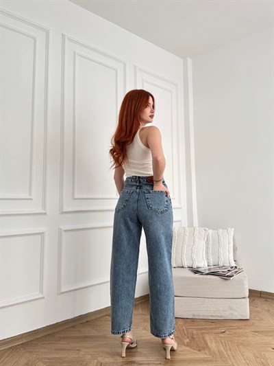 Mom Fit Taşlı Jean Pantolon Mavi kar