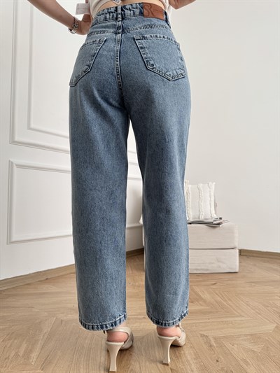 Mom Fit Taşlı Jean Pantolon Mavi kar