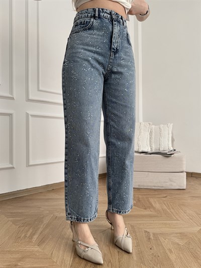 Mom Fit Taşlı Jean Pantolon Mavi kar
