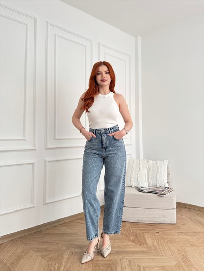 Mom Fit Taşlı Jean Pantolon Mavi kar