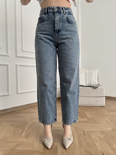 Mom Fit Taşlı Jean Pantolon Mavi kar