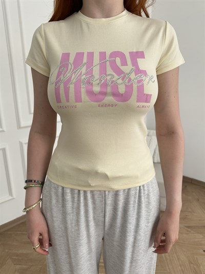 Muse Baskılı Taş Detay Slim T-shirt Sarı