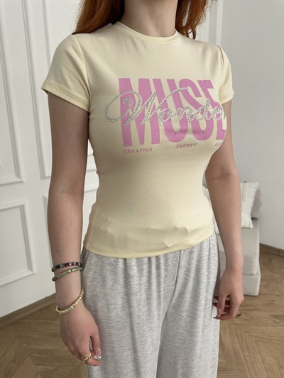 Muse Baskılı Taş Detay Slim T-shirt Sarı