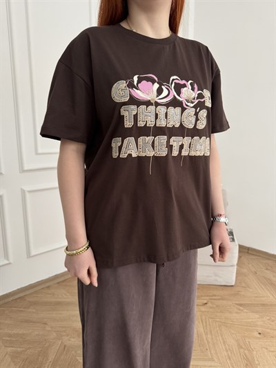 Nakışlı T-shirt Kahve
