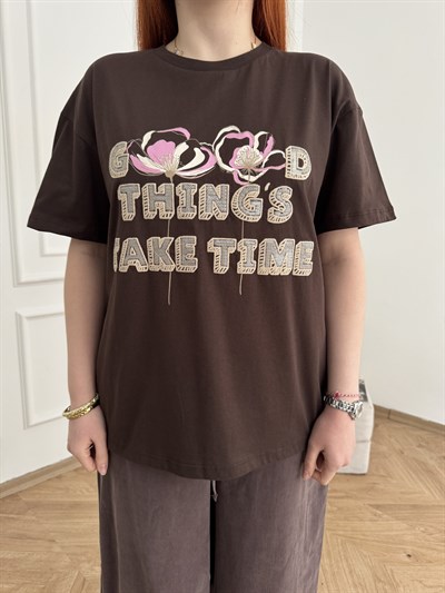 Nakışlı T-shirt Kahve