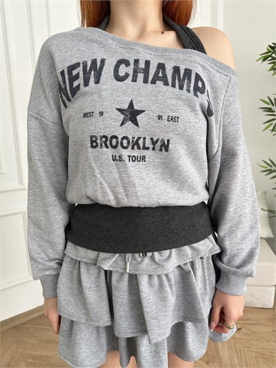 New Champs Baskılı Double Sweatshirt Gri melanj