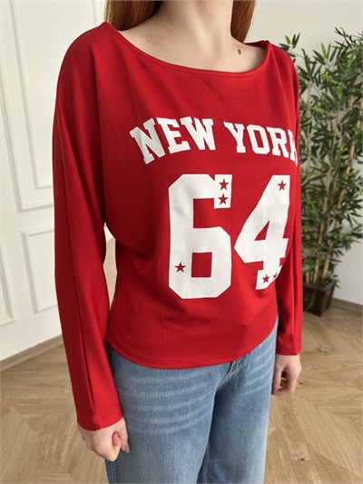 New York 64 Baskılı Sweatshirt Kırmızı