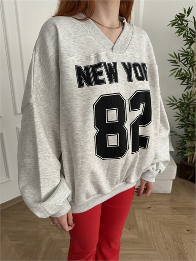 New York 82 Baskılı Oversize Sweatshirt Gri-gümüş