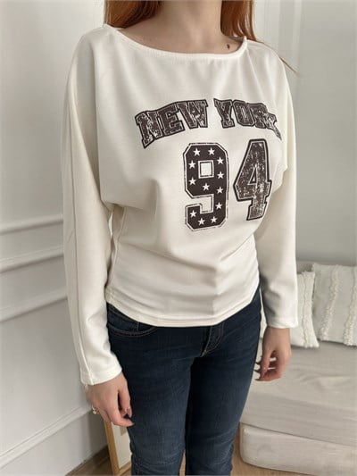 New York 94 Baskılı Sweatshirt Ekru