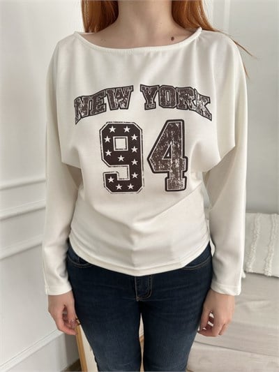 New York 94 Baskılı Sweatshirt Ekru