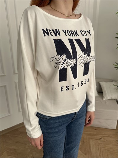 New York Baskılı Kayık Yaka Sweatshirt Ekru