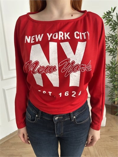 New York Baskılı Kayık Yaka Sweatshirt Kırmızı
