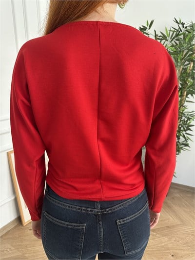 New York Baskılı Kayık Yaka Sweatshirt Kırmızı