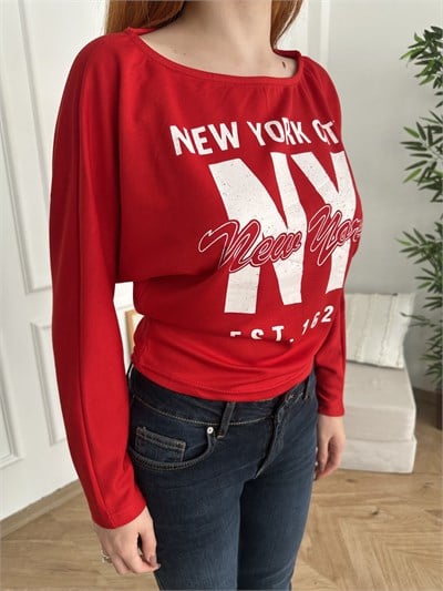 New York Baskılı Kayık Yaka Sweatshirt Kırmızı
