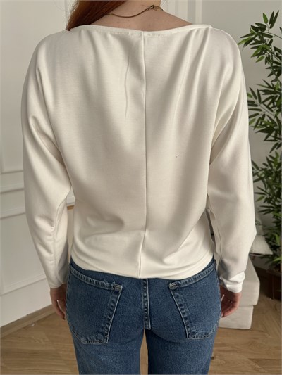 New York Baskılı Kayık Yaka Sweatshirt Ekru