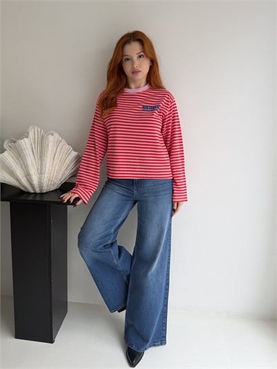 Newyork City Çizgili İnce Sweatshirt Pembe-fuşya