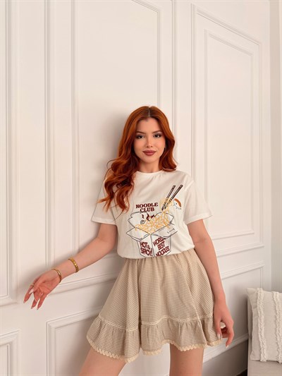 Noddle Baskılı T-shirt Ekru