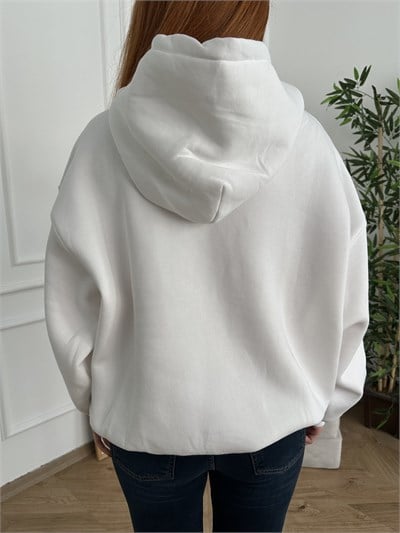 Ok Aplikeli Kapşonlu Sweatshırt Ekru