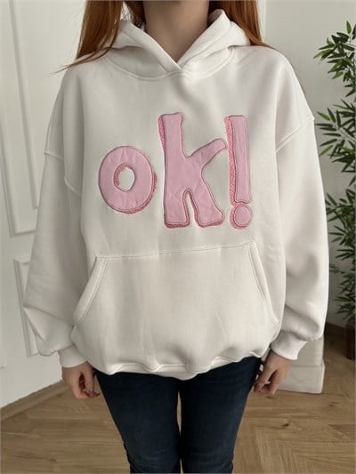 Ok Aplikeli Kapşonlu Sweatshırt Ekru