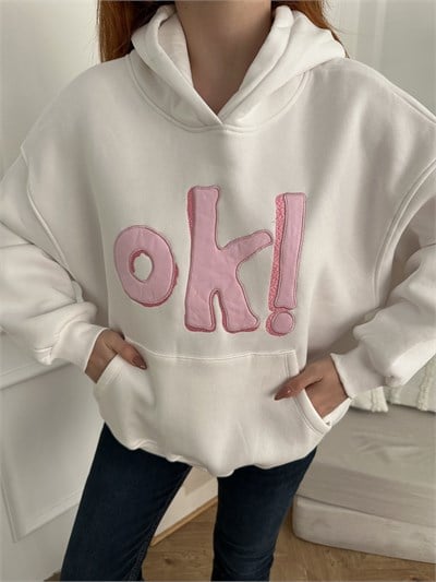 Ok Aplikeli Kapşonlu Sweatshırt Ekru