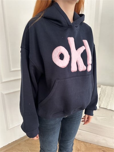 Ok Aplikeli Kapşonlu Sweatshırt Lacivert