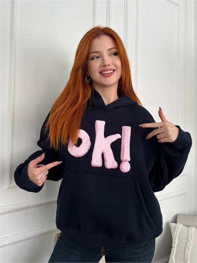 Ok Aplikeli Kapşonlu Sweatshırt Lacivert