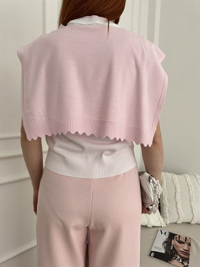 Omuzdan Bağlama Detaylı At Nakışlı Triko Ekru-pembe