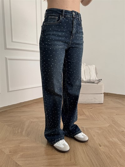 Ön Arka Taşlı Bol Jean Yeşil tint