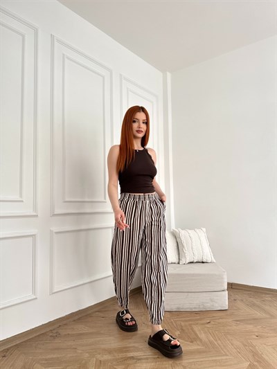 Önü Dikişli Çizgili Relax Pantolon Kahve-ekru