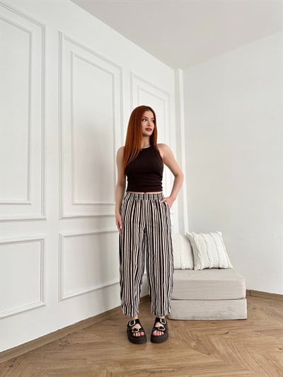 Önü Dikişli Çizgili Relax Pantolon Kahve-ekru