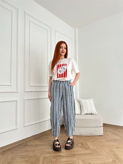 Önü Dikişli Çizgili Relax Pantolon Laci-ekru