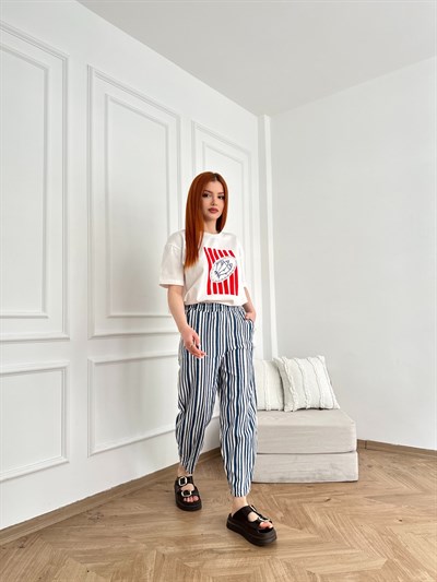Önü Dikişli Çizgili Relax Pantolon Laci-ekru