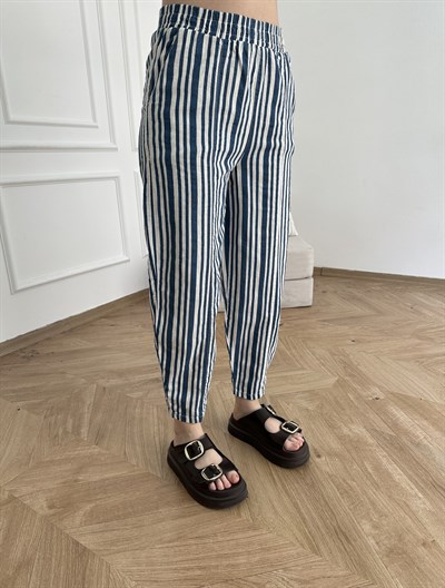 Önü Dikişli Çizgili Relax Pantolon Laci-ekru
