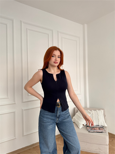 Önü Fermuarlı Bluz Koyu lacivert