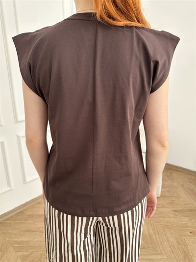 Örgü Çiçekli Kolsuz T-shirt Kahve