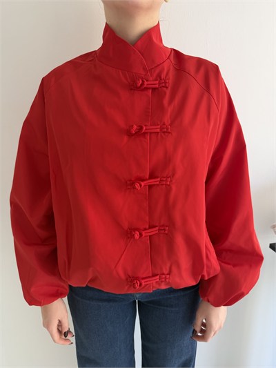 Oversize Çin Düğmeli Mont Kırmızı