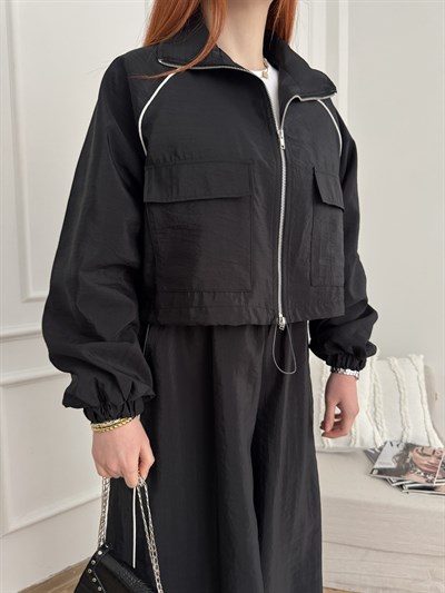 Oversize Crop Paraşüt Ceket Siyah