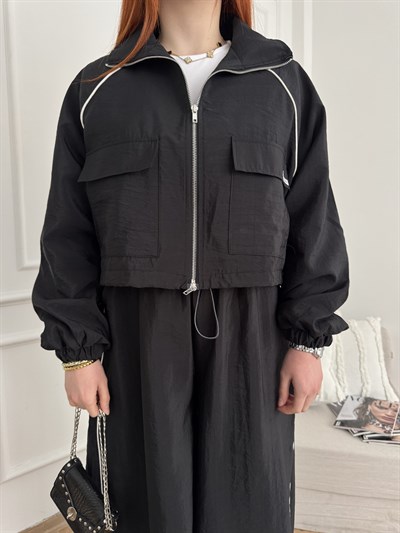 Oversize Crop Paraşüt Ceket Siyah