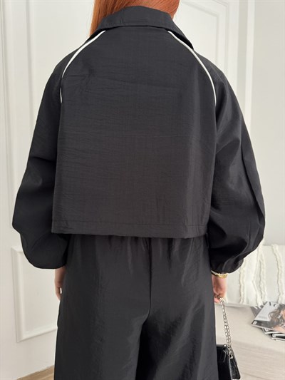 Oversize Crop Paraşüt Ceket Siyah