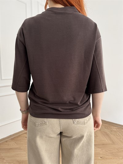Oversize Dokulu T-shirt Kahve