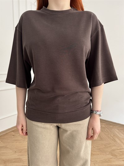 Oversize Dokulu T-shirt Kahve